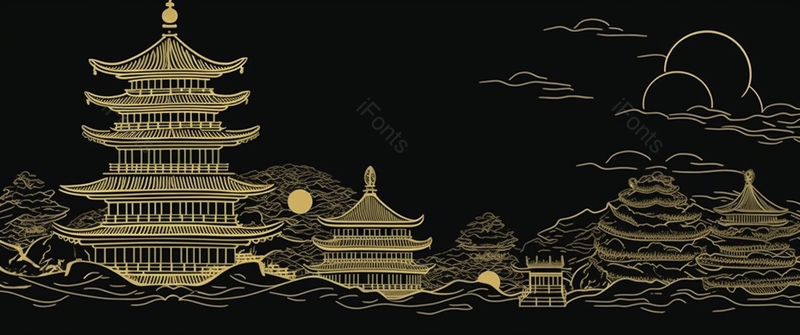 黑金质感国潮风在古建筑塔群手绘横板壁纸,插画/手绘图,插画/手绘图库,插画/手绘图下载,插画/手绘